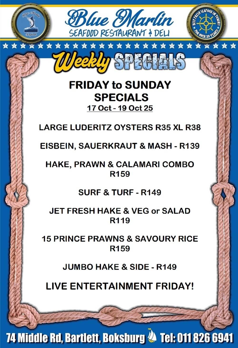 Blue Marlin Seafood Restaurant Boksburg Special Offers